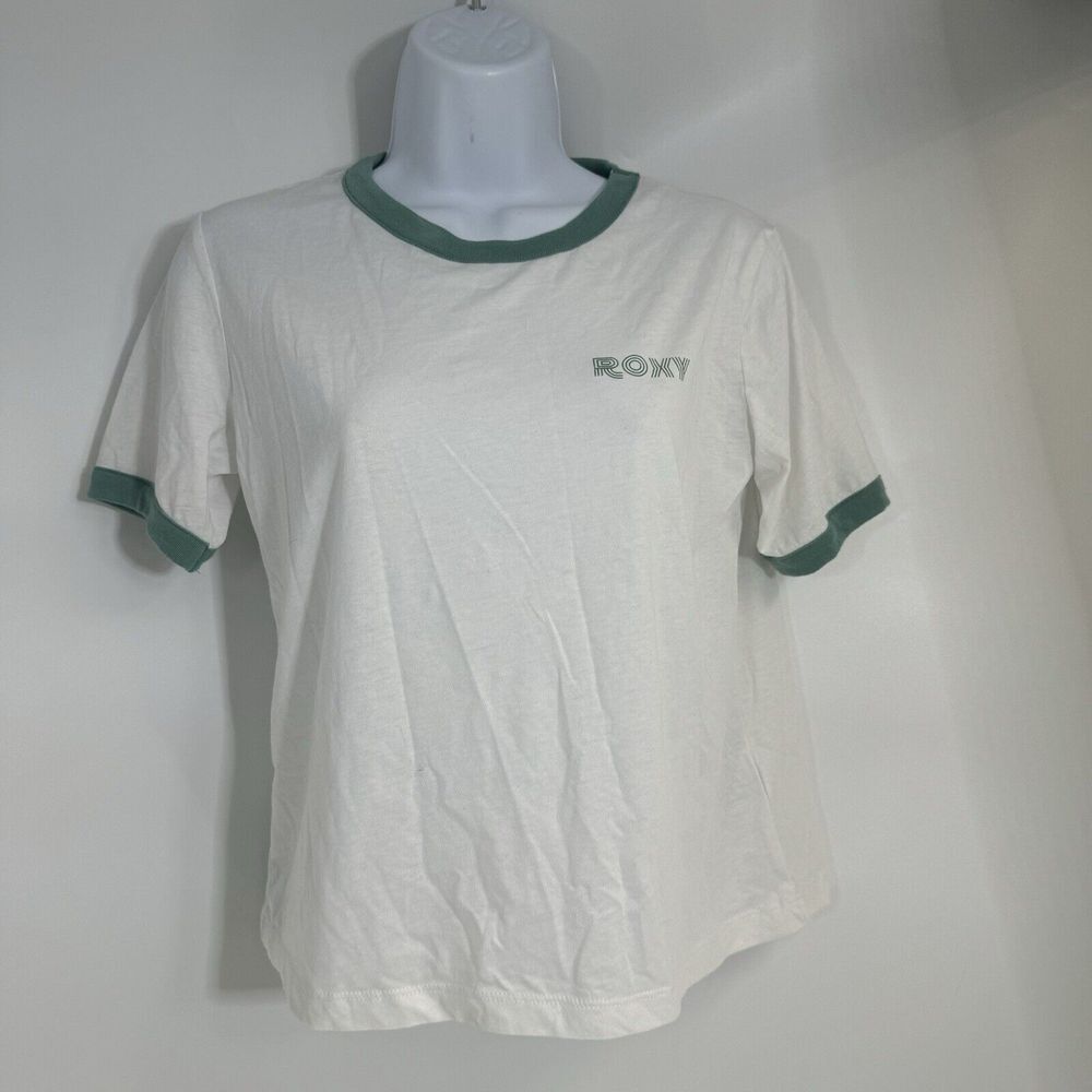 Roxy Womens White Green Ringer Tee Palm Tree Graphic Surf T-Shirt Small - Picture 1 of 5